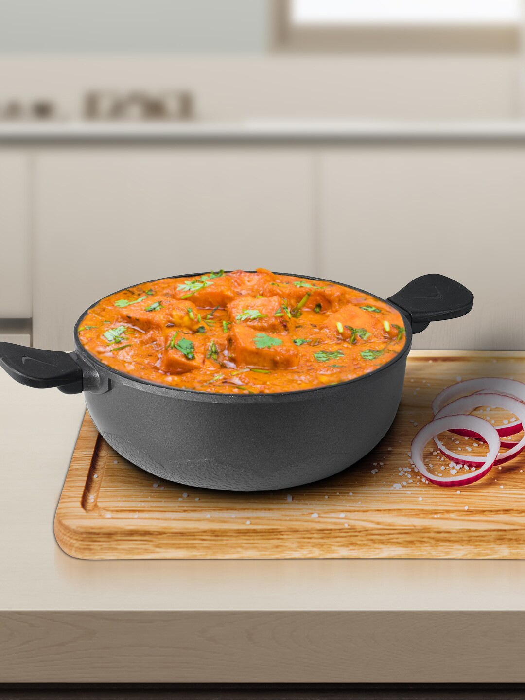 BERGNER Black Solid Non Stick Kadai With Glass Lid