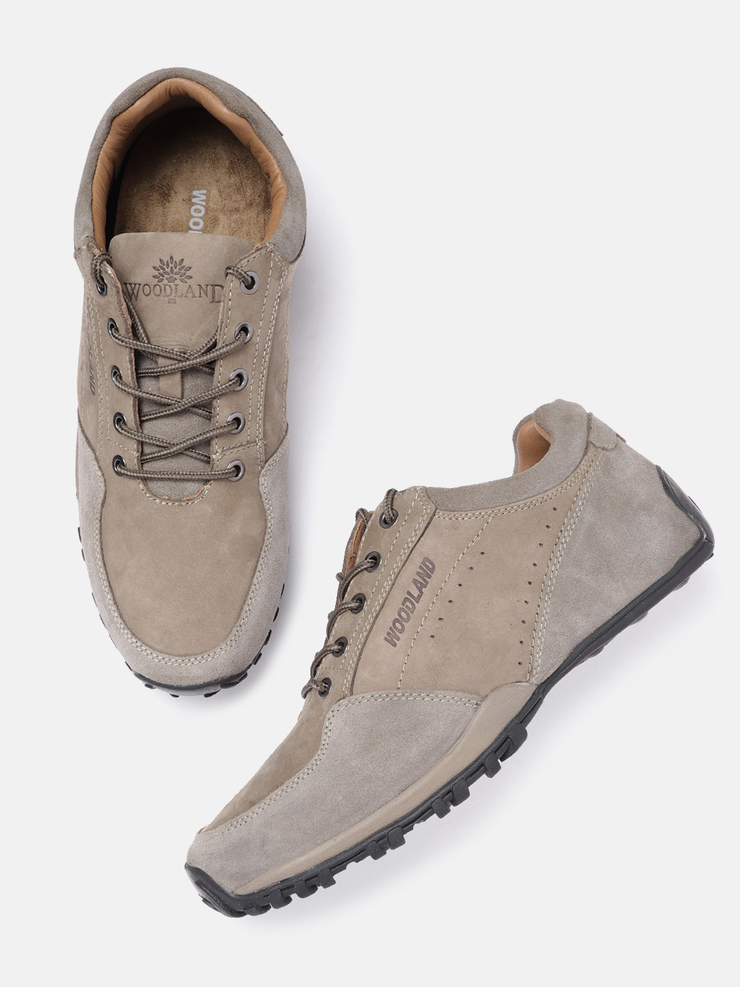Woodland Men Beige Solid Leather Driving Sneakers with Perforated Detail