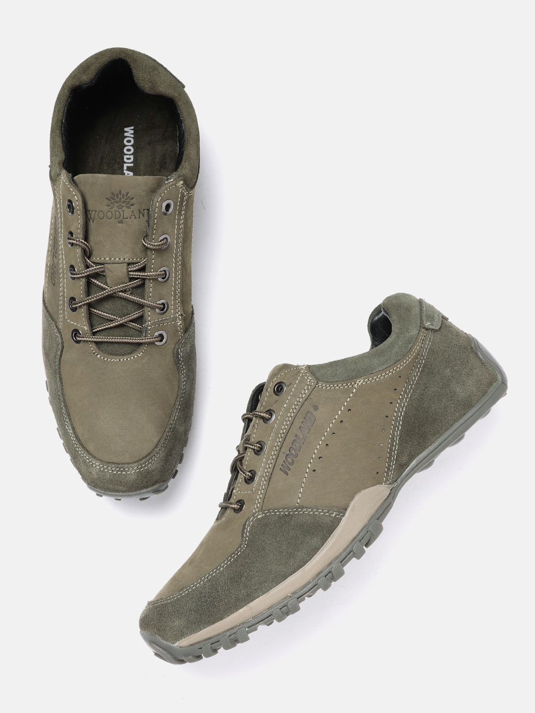 Woodland Men Olive Green Solid Leather Driving Sneakers with Perforated Detail