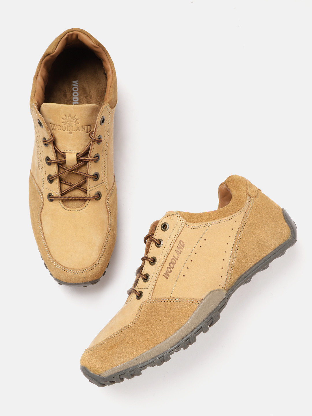 Woodland Men Camel Brown Leather Sneakers