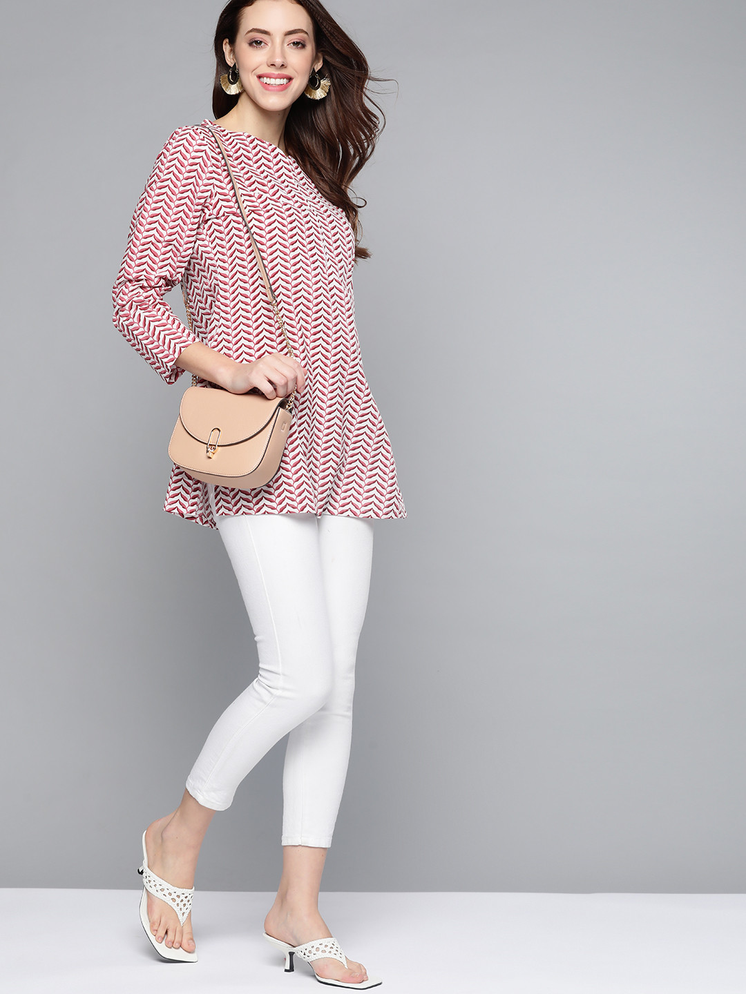 HERE&NOW Pink & White Striped Pure Cotton Kurti