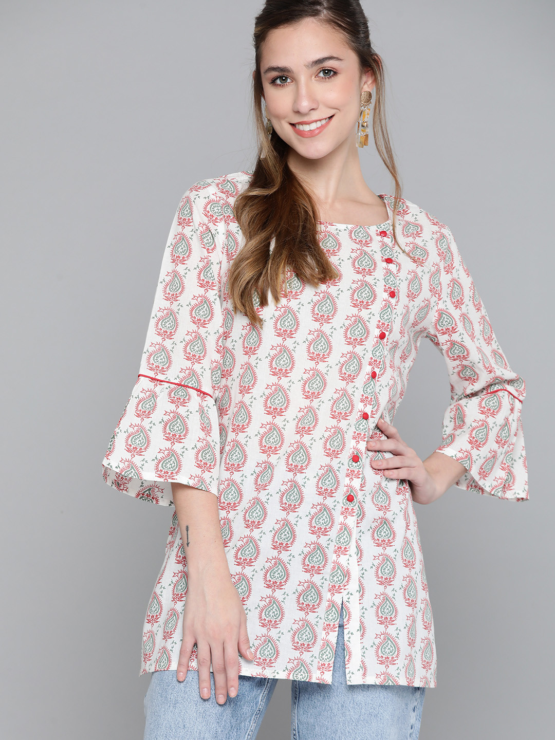 HERE&NOW White & Red Ethnic Motifs Print Flared Sleeves Pure Cotton Short Kurti