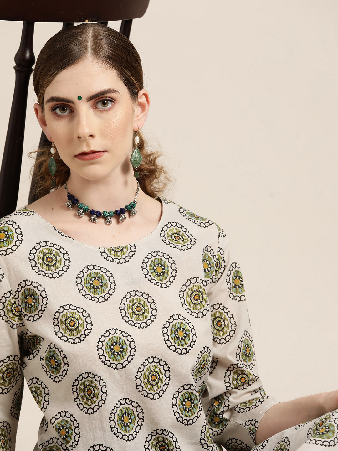 Moda Rapido Women Grey & Olive Green Ethnic Motifs Print Cotton Straight Kurta