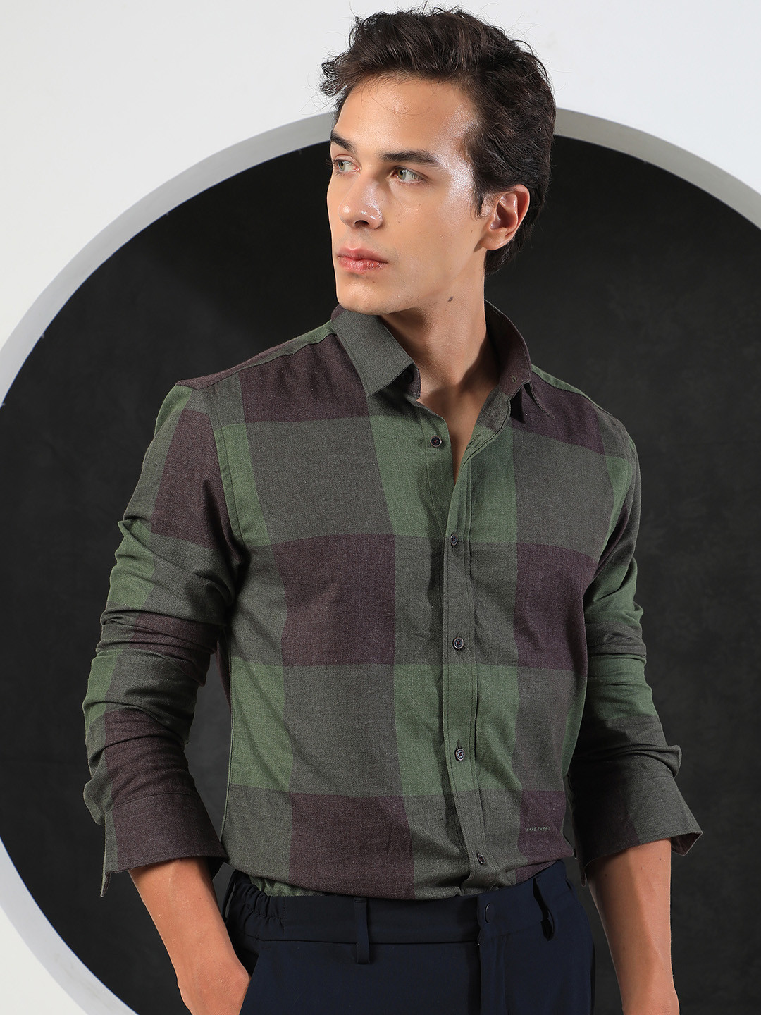 RARE RABBIT Men Olive Green Slim Fit Buffalo Checks Checked Casual Shirt
