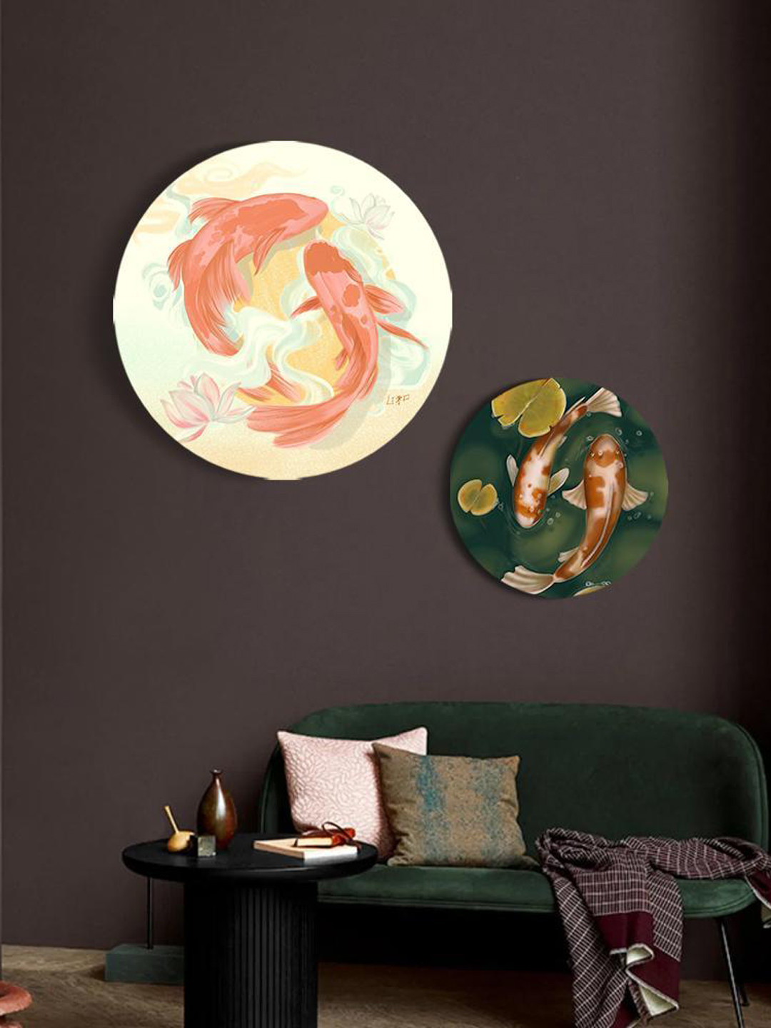 THE ARTMENT Multicoloured Set of 2 Matte Finish Prosperity with Koi Canvas Wall Art