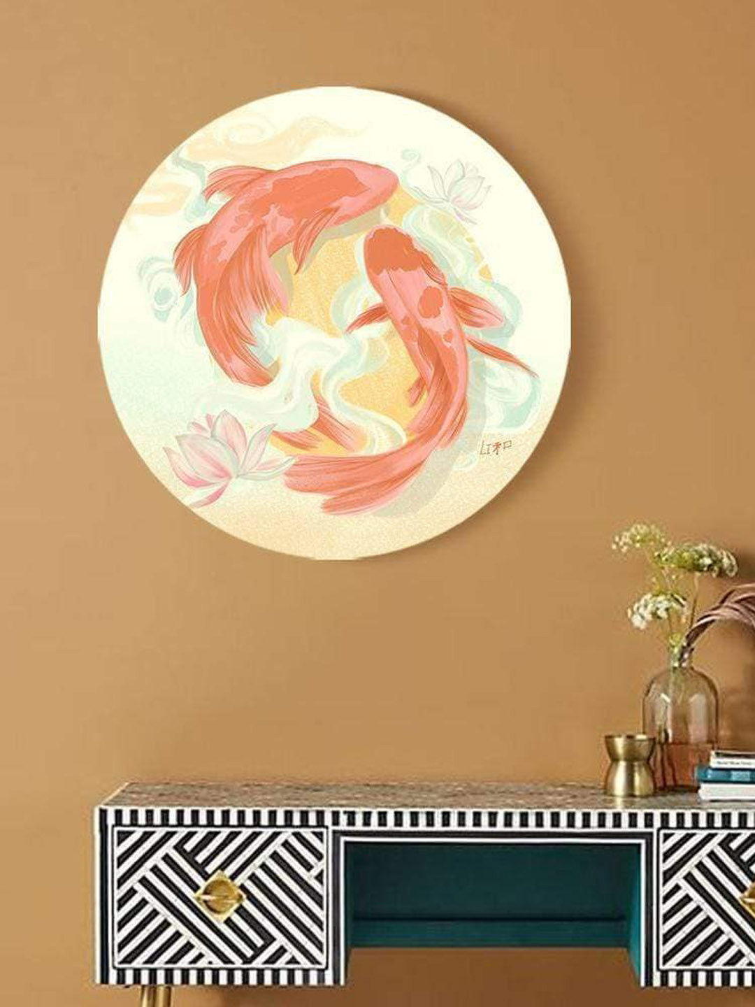 THE ARTMENT Prosperity with Koi Canvas Wall Round Paintings Wall Art - 20 x 20 In