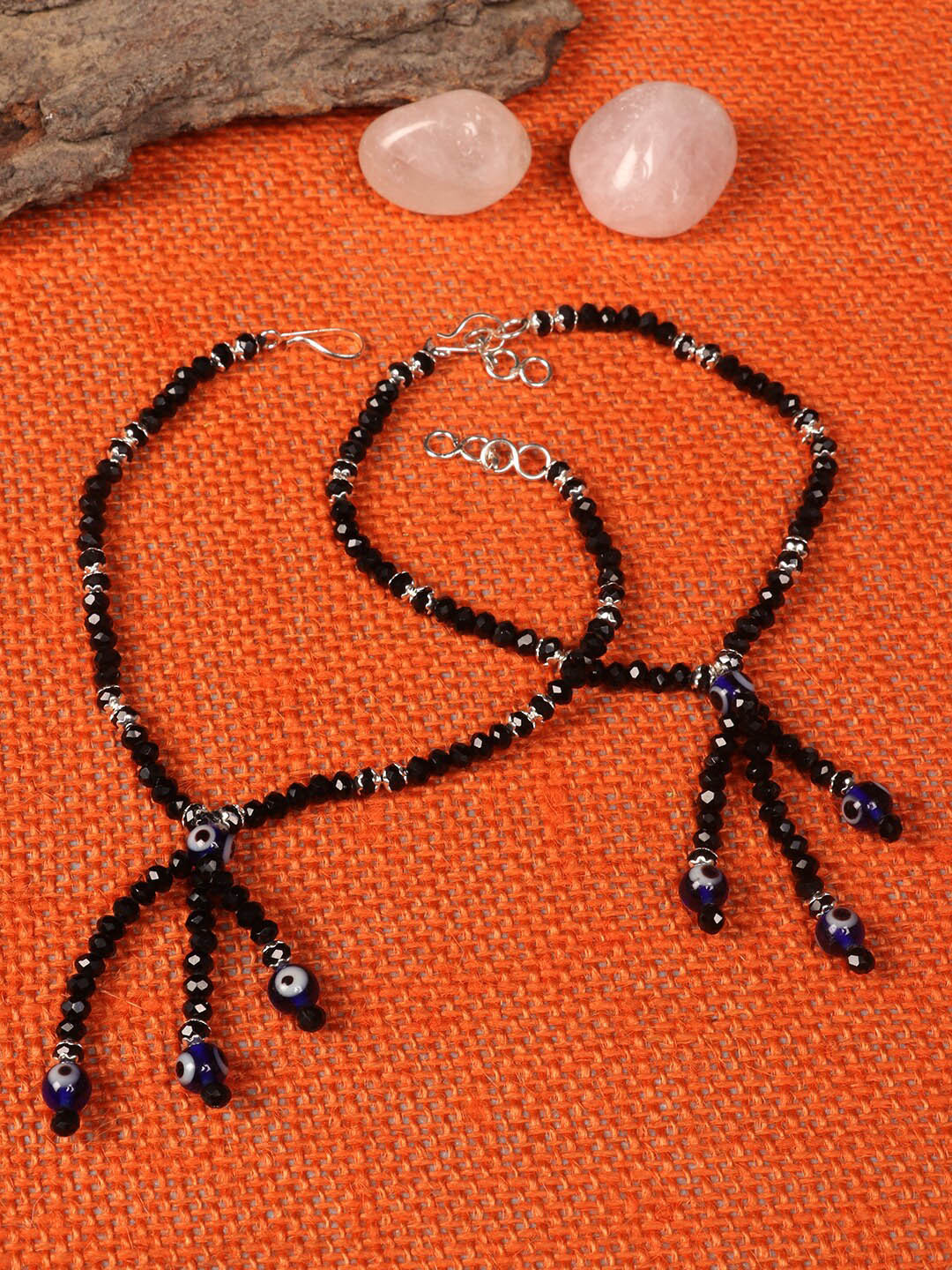 PENNY JEWELS Set Of 2 Silver-Plated Black & Blue Beaded Handcrafted Anklets