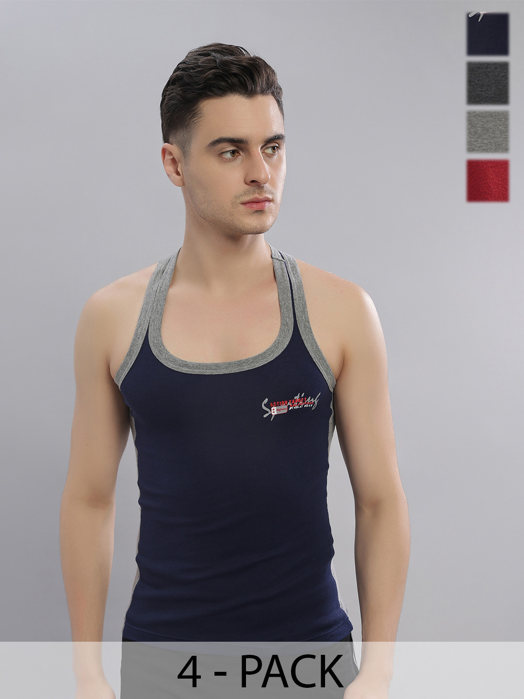 Dollar Bigboss Men Solid Pack of 4 Cotton Racerback Styled Gym Vest