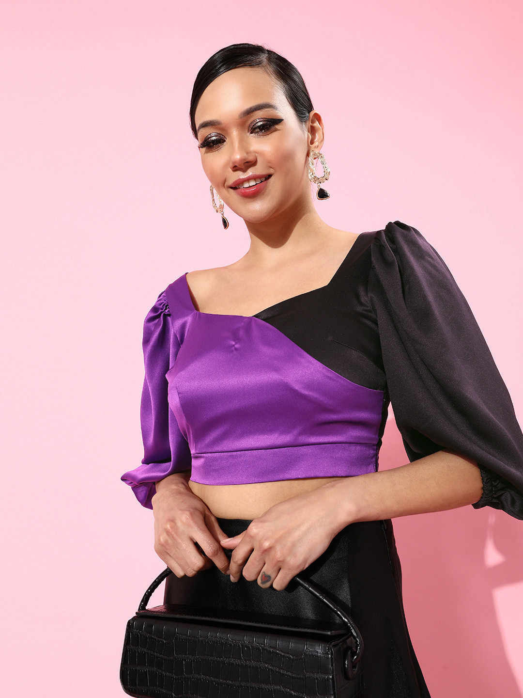 STREET 9 Women Violet Colourblocked Satin Top