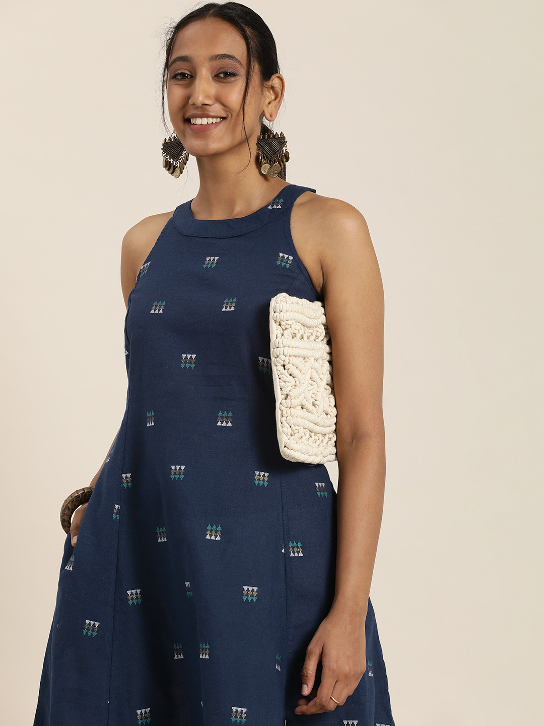 Taavi Women Navy Blue Woven Legacy Sustainable Pure Cotton Kurta
