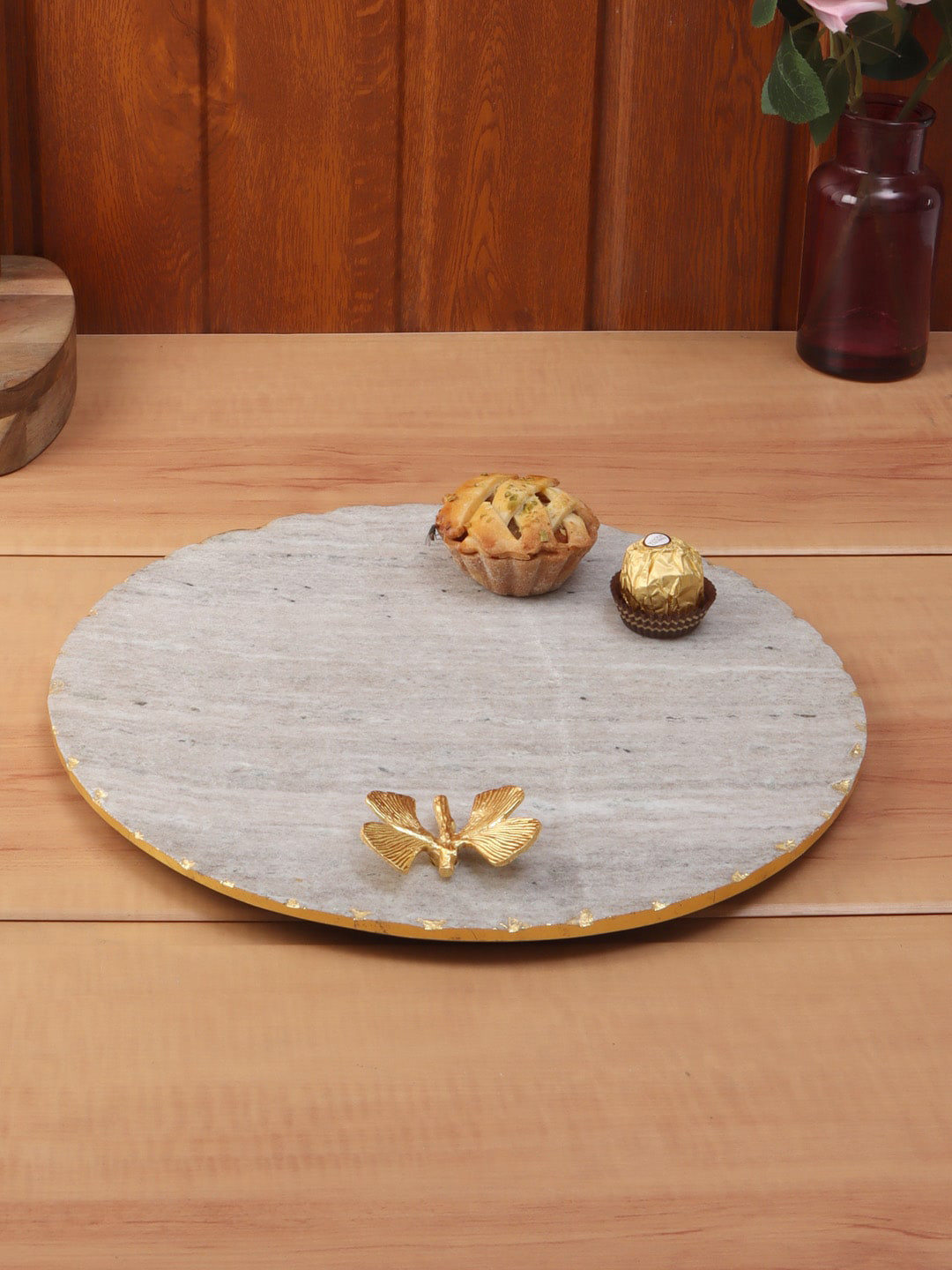 NikkisPride Beige Handmade Round Shape Embedded Metal Butterfly Marble Platter