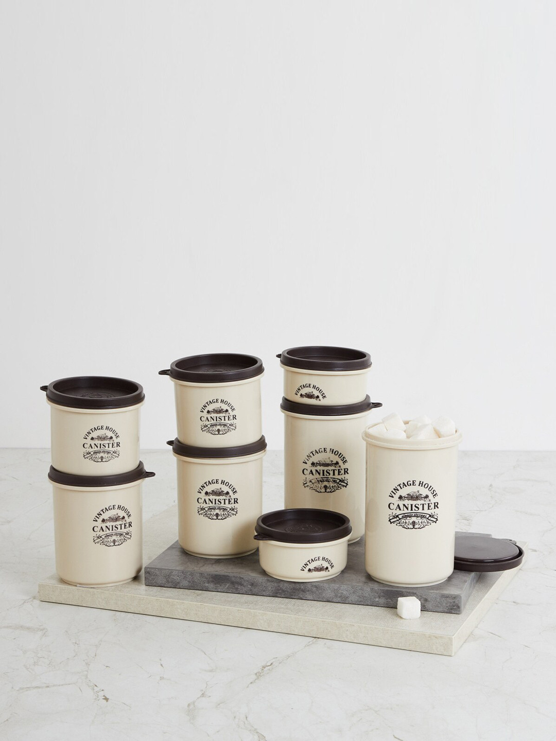 Home Centre Corsica Multi Typography Plastic 8 Piece Flip Top Canister