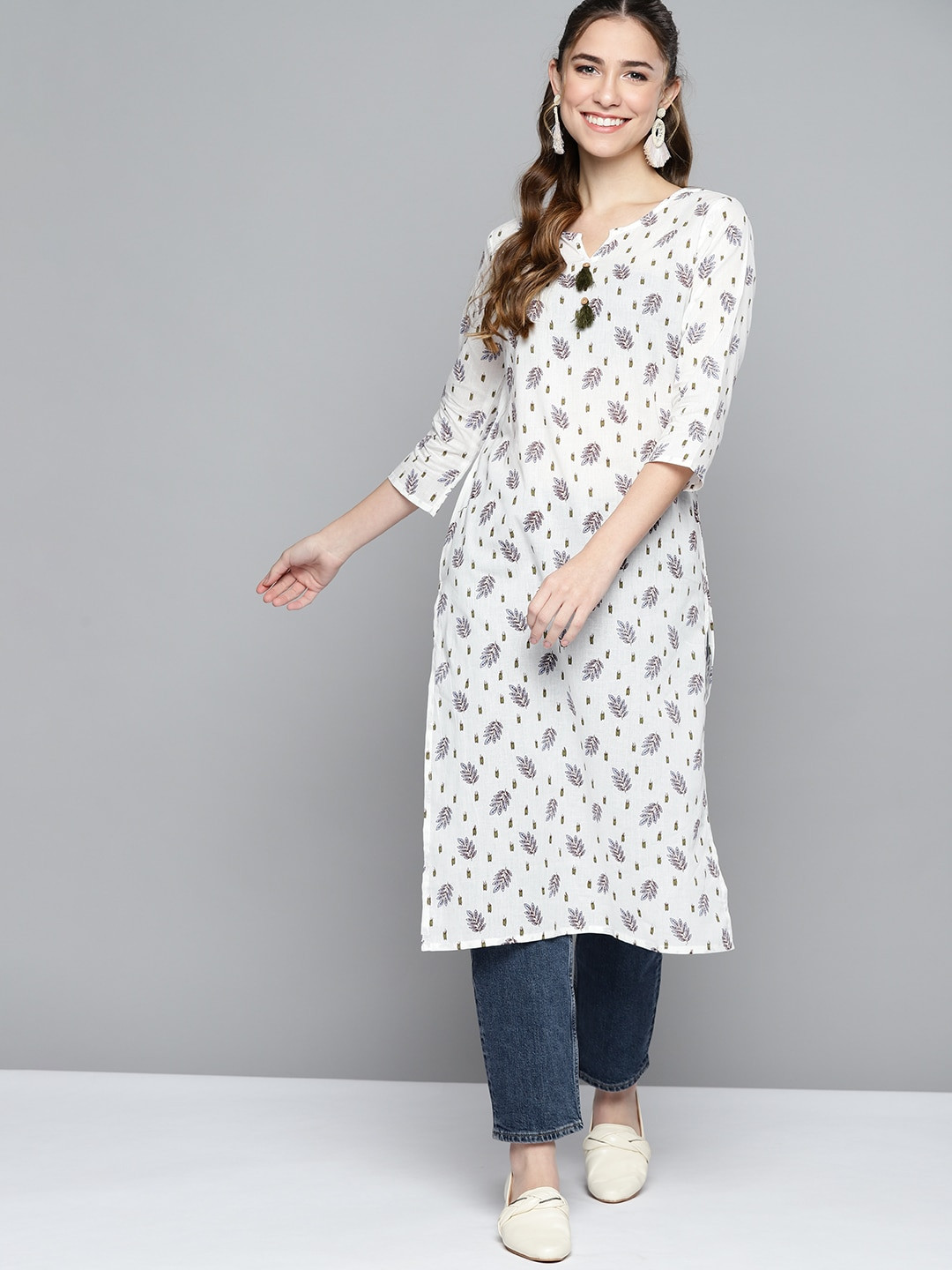 HERE&NOW Women White & Blue Pure Cotton Leaf Print Straight Kurta