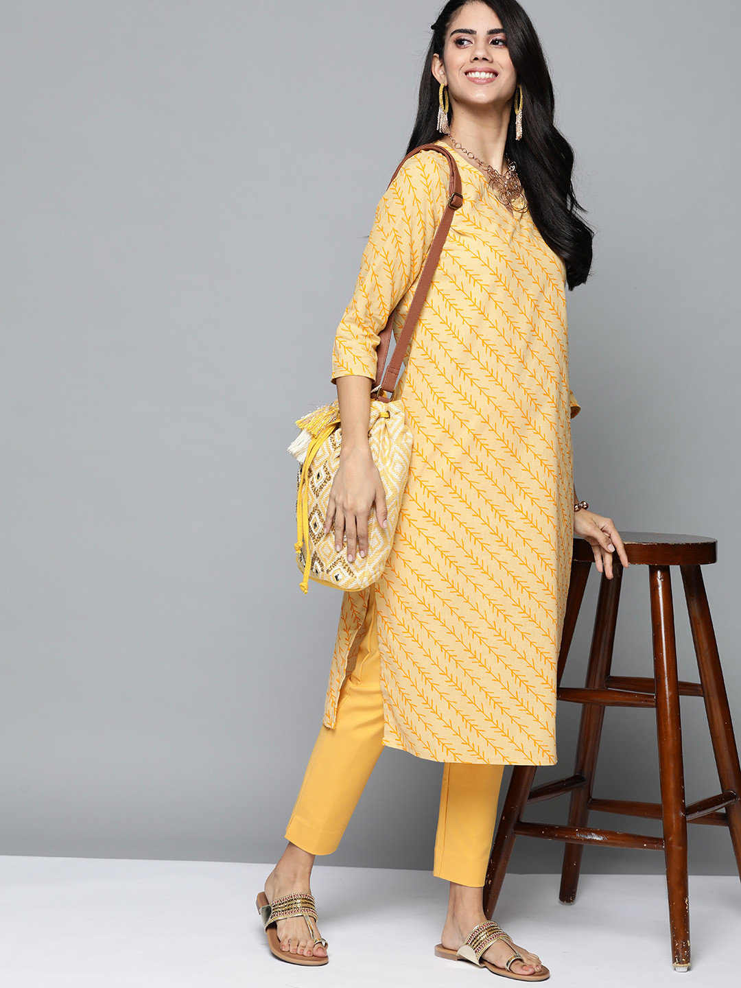 HERE&NOW Women Yellow Ethnic Motifs Printed Kurta