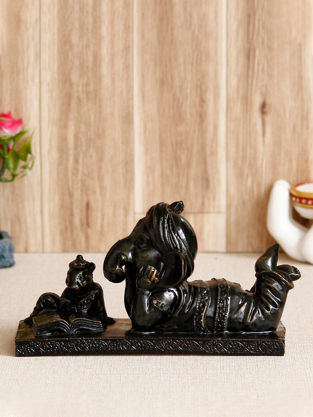 eCraftIndia Lord Ganesha Sitting with Mushak Black Polyresin Matte Prayer Room Hand-Crafted Tiny Showpiece - 4.3 Inches