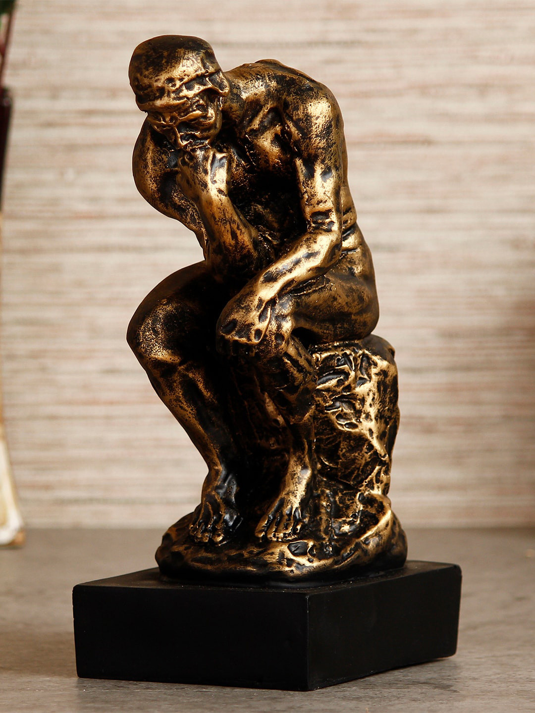 eCraftIndia Gold Antique Finish Thinking Man Sitting on Rock Handcrafted Decorative Showpiece