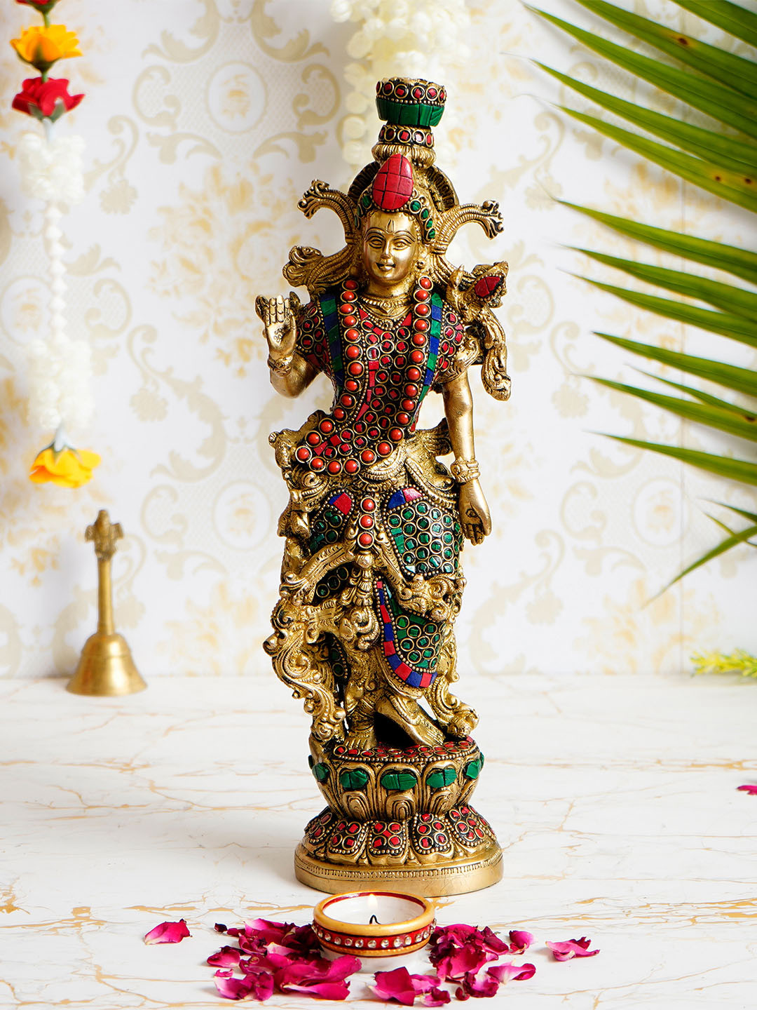 eCraftIndia Goddess Radha Gold Brass Metallic Prayer Room Hand-Crafted Medium Showpiece - 13.8 Inches