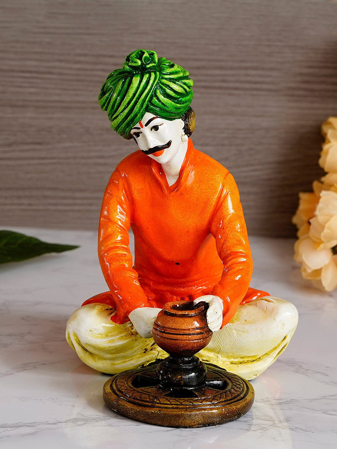 eCraftIndia Rajasthani Man Making Pot Green Polyresin Natural Living Room Hand-Crafted Small Showpiece - 5.5 Inches