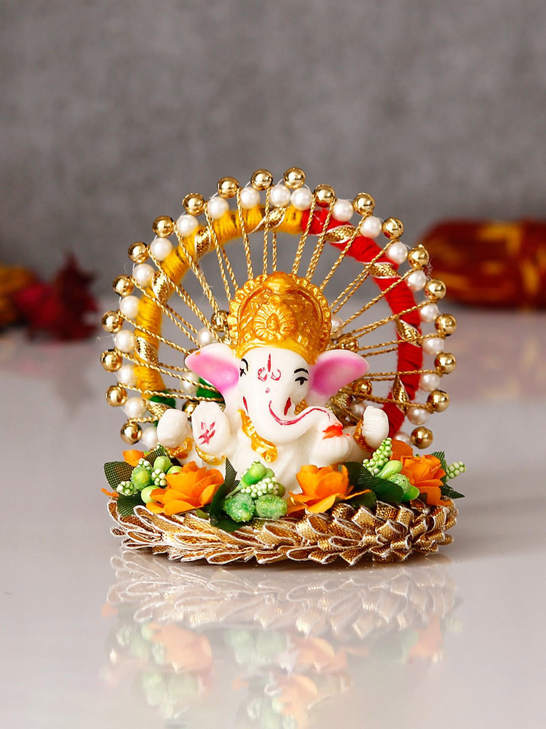eCraftIndia Green & Orange Lord Ganesha Idol On Floral Gottapatti Base Singhasan Showpiece