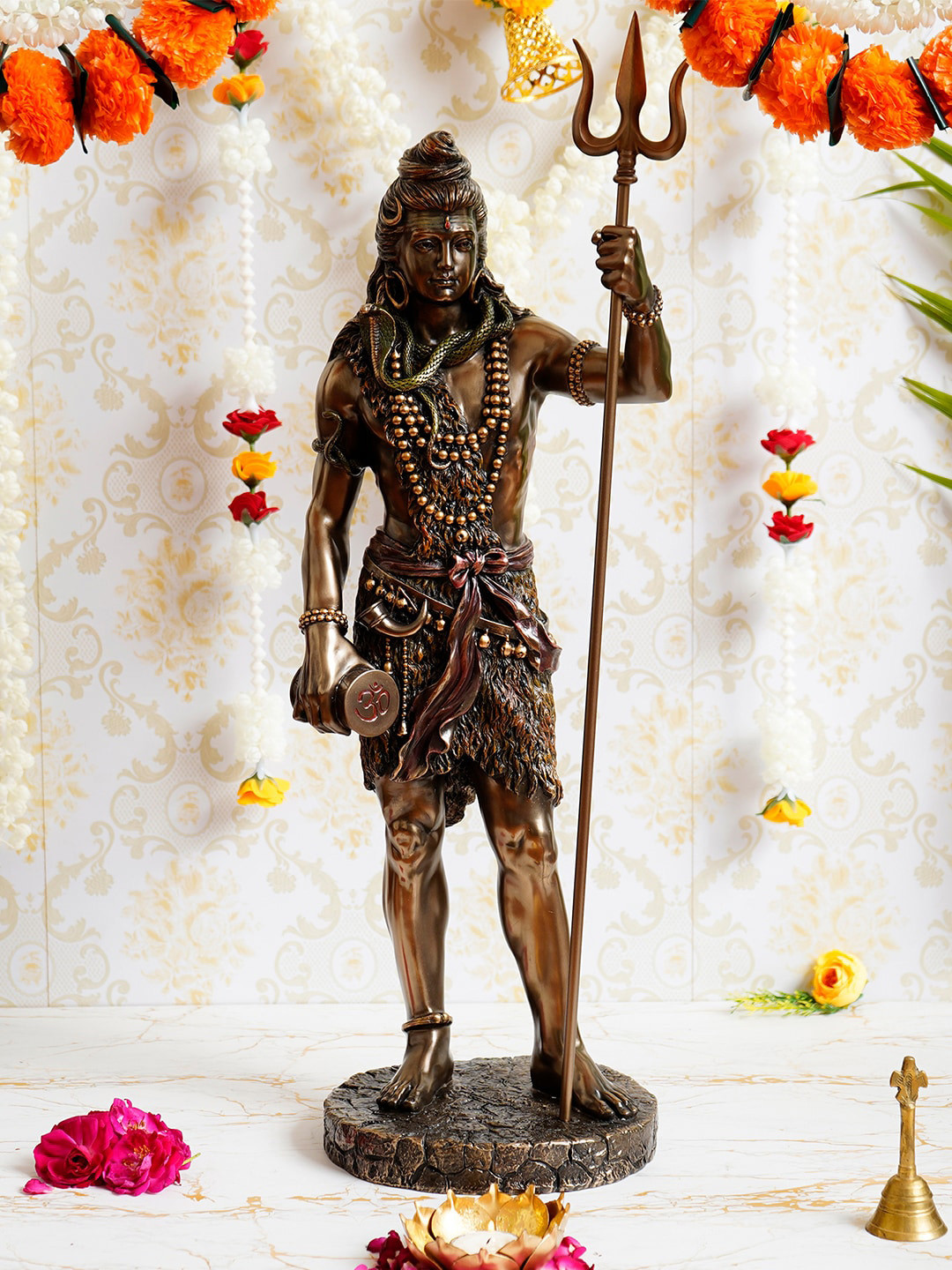 eCraftIndia Lord Shiva Standing with Trishul Brown Polyresin Matte Prayer Room Extra Large Showpiece - 26 Inches