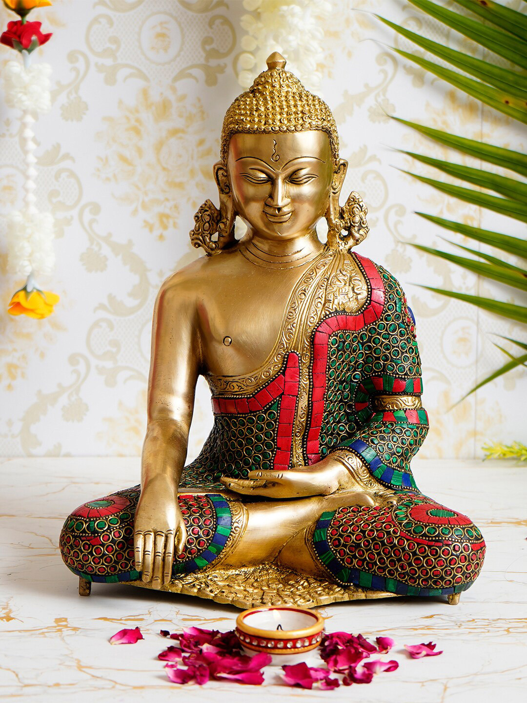 eCraftIndia Dignified Meditating Lord Buddha Gold Brass Metallic Prayer Room Hand-Crafted Medium Showpiece - 12.6 Inches
