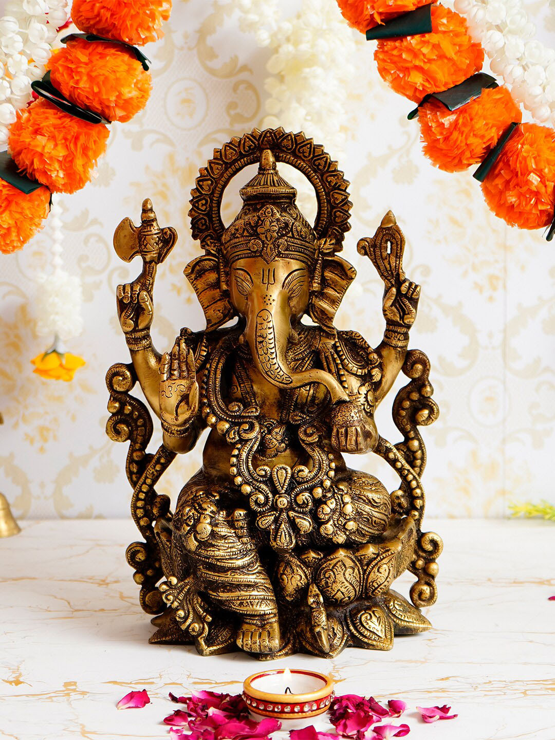 eCraftIndia Lord Ganesha Antique Gold Brass Metallic Prayer Room Hand-Crafted Medium Showpiece - 12.6 Inches