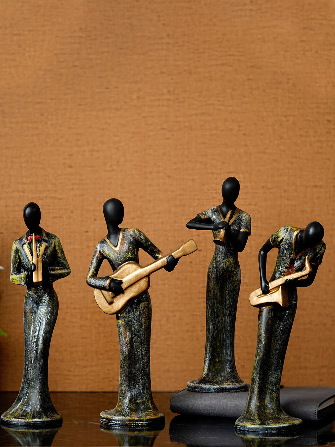 eCraftIndia Ladies Playing Musical instruments Grey Polyresin Matte Living Room Music Set of 4 Small Showpieces - 12.2 Inches