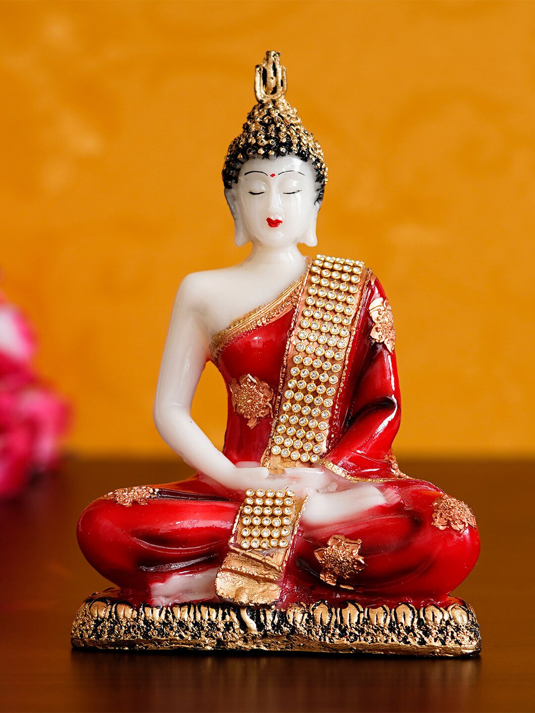 eCraftIndia Meditating Lord Buddha Red Polyresin Glossy Prayer Room Hand-Crafted Small Showpiece - 7.5 Inches