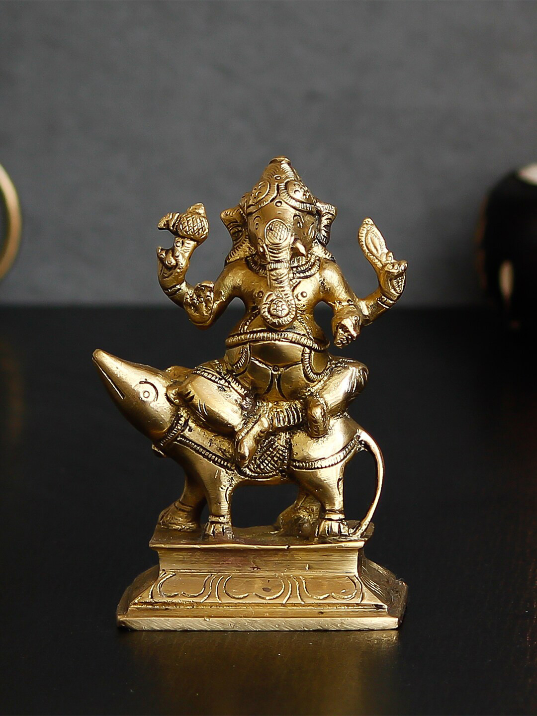 eCraftIndia Gold-Toned Handcrafted Lord Ganesha Sitting On Mushak Brass Idol