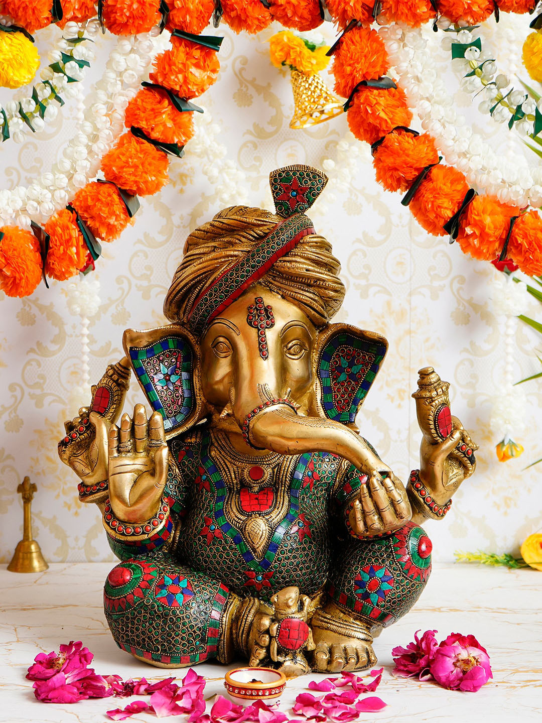 eCraftIndia Phagdi Lord Ganesha Gold Brass Metallic Prayer Room Hand-Crafted Medium Showpiece - 16.9 Inches
