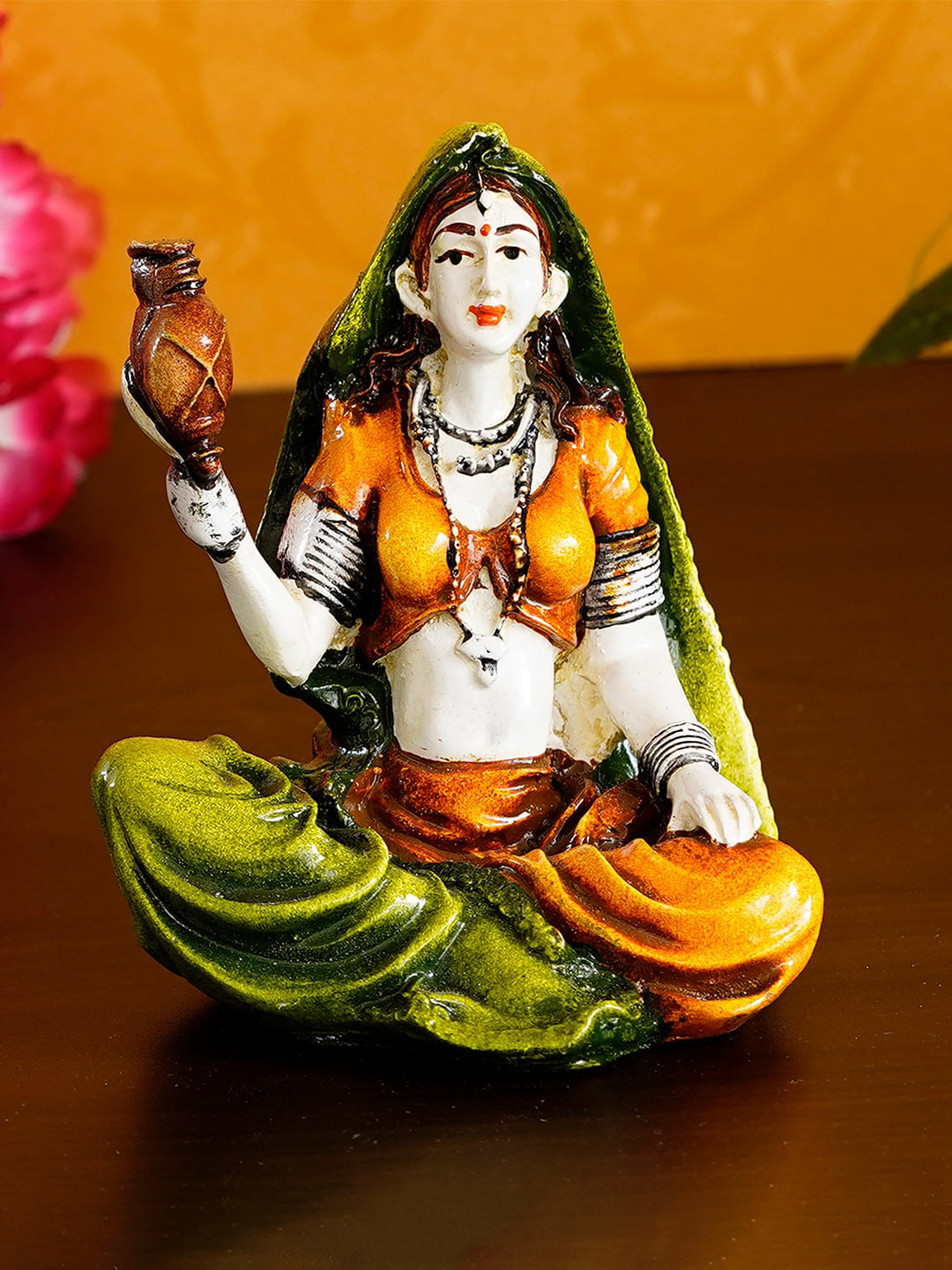 eCraftIndia Rajasthani Lady Playing Musical instrument Green Polyresin Natural Living Room Music Small Showpiece - 5.1 Inches