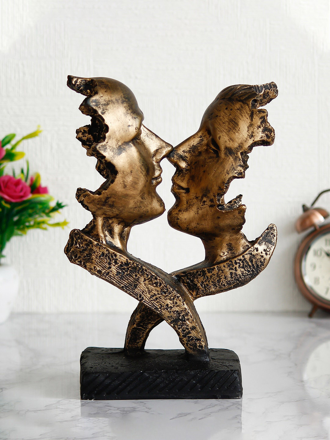 eCraftIndia Half Face Woman and Man Kissing Each Other Gold Polyresin Glossy Home Office Hand-Crafted Set of 2 Medium Showpieces - 9.8 Inches