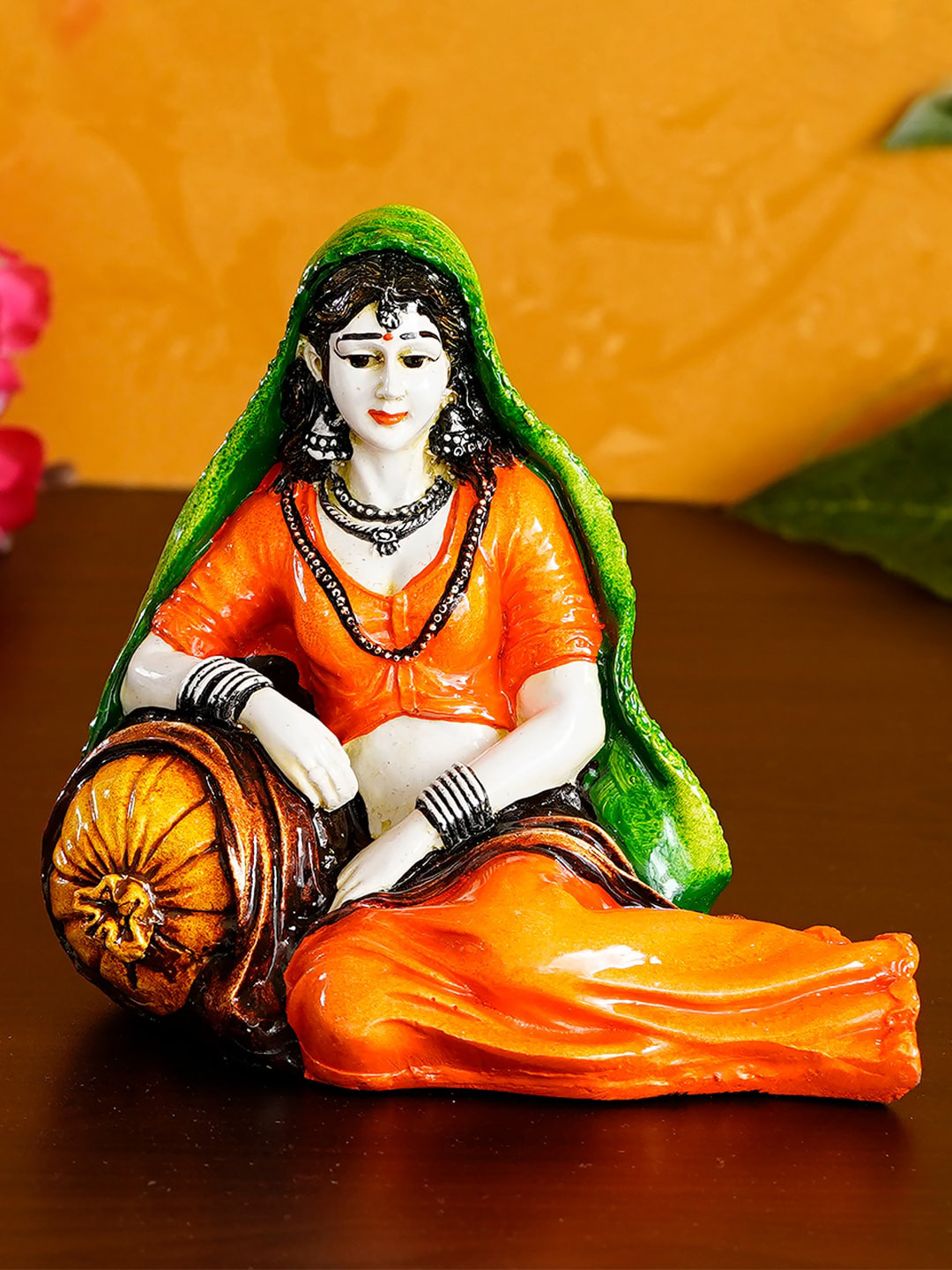 eCraftIndia Rajasthani Lady Orange Polyresin Matte Living Room Hand-Crafted Small Showpiece - 7.5 Inches