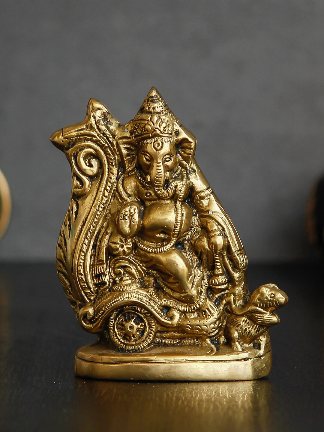 eCraftIndia Sitting Lord Ganesha Gold Brass Metallic Prayer Room Hand-Crafted Small Showpiece - 4.3 Inches