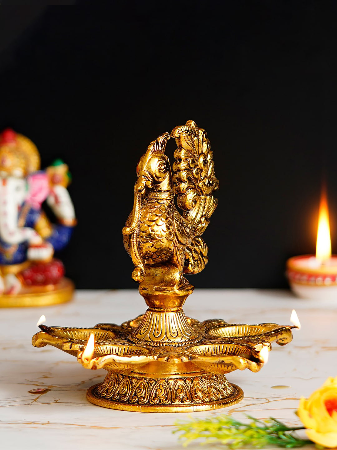 eCraftIndia Gold-Toned Peacock Shaped Metal Decorative Diya