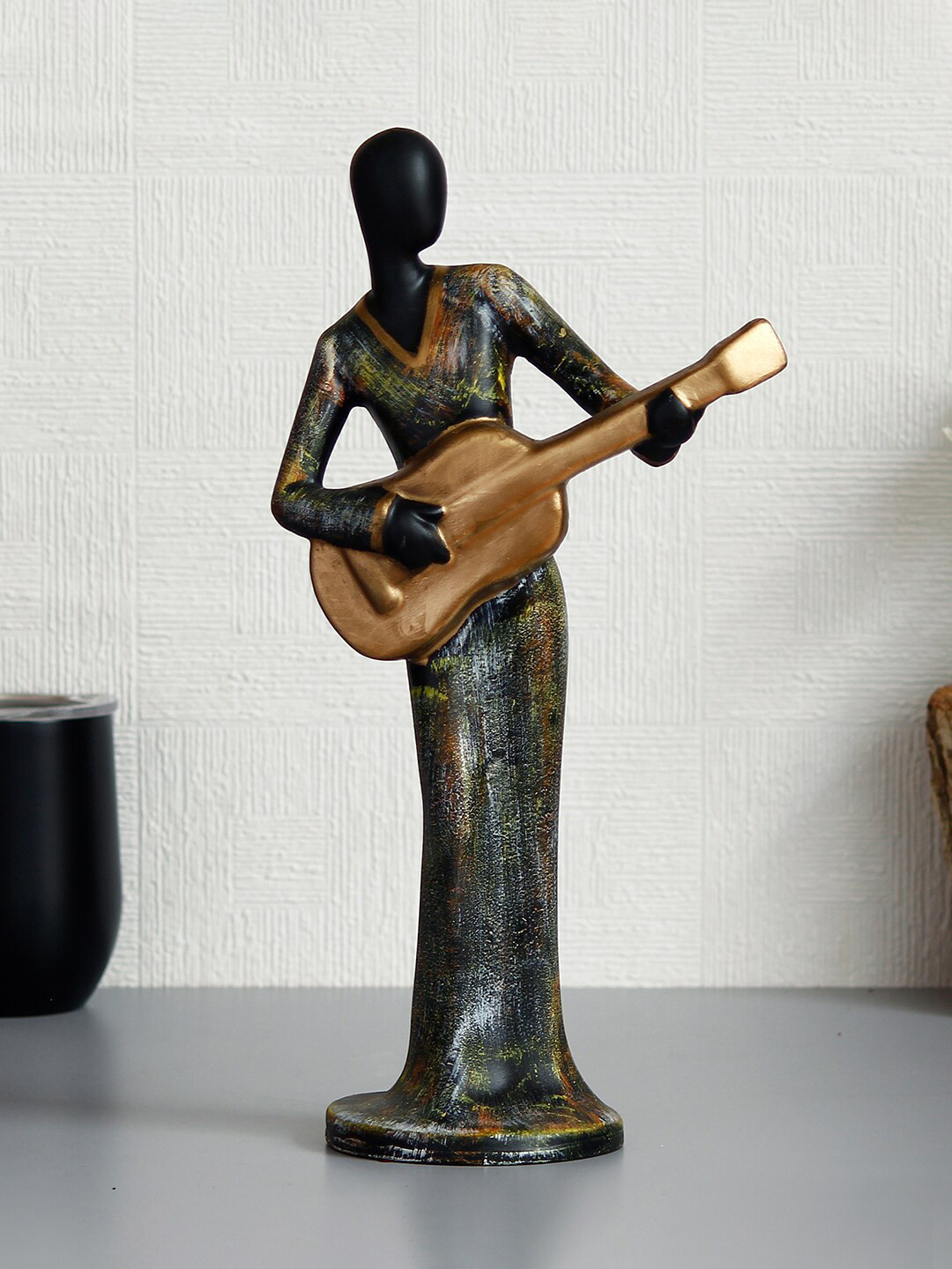 eCraftIndia Lady Playing Guitar Musical Instrument Antique Finish Grey Polyresin Matte Living Room Hand-Crafted Medium Showpiece - 12.2 Inches