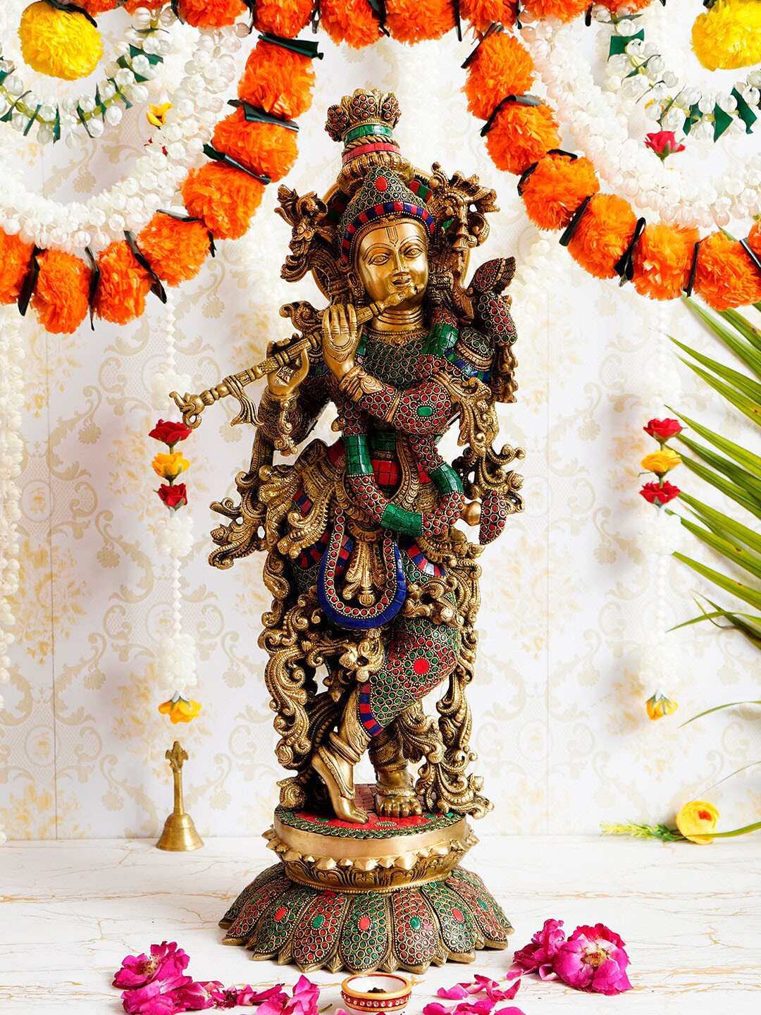 eCraftIndia Lord Krishna Playing Flute Gold Brass Metallic Prayer Room Hand-Crafted Large Showpiece - 25.6 Inches