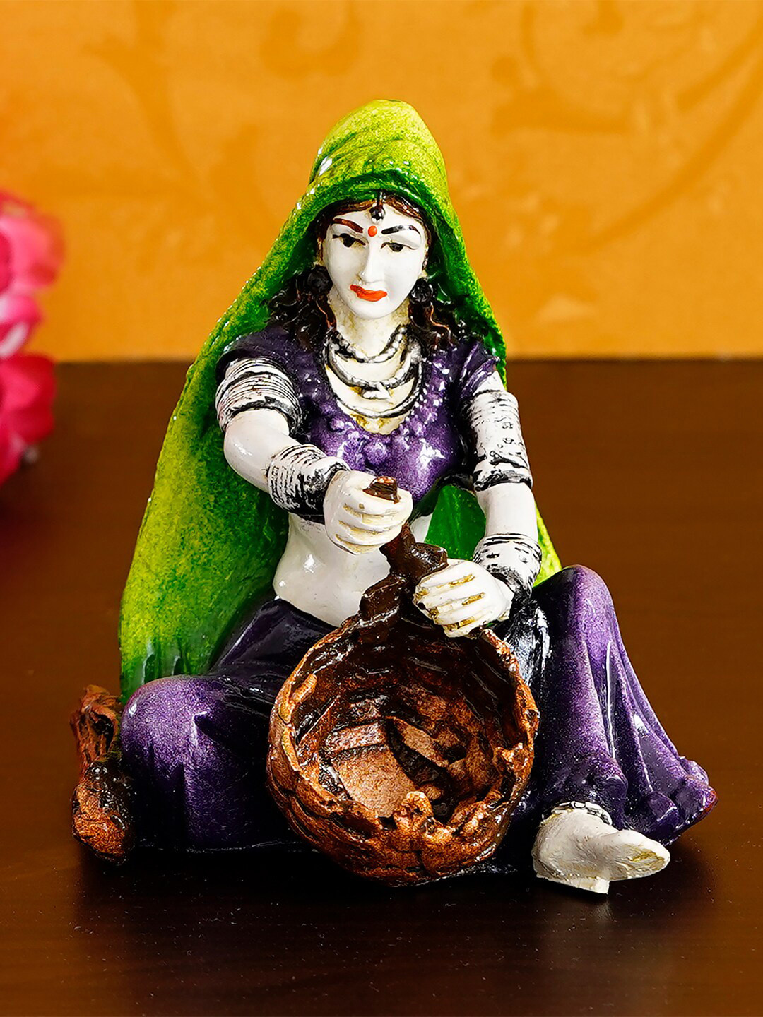 eCraftIndia Rajasthani Lady Creating Craft Product Green Polyresin Glossy Living Room Hand-Crafted Small Showpiece - 5.1 Inches