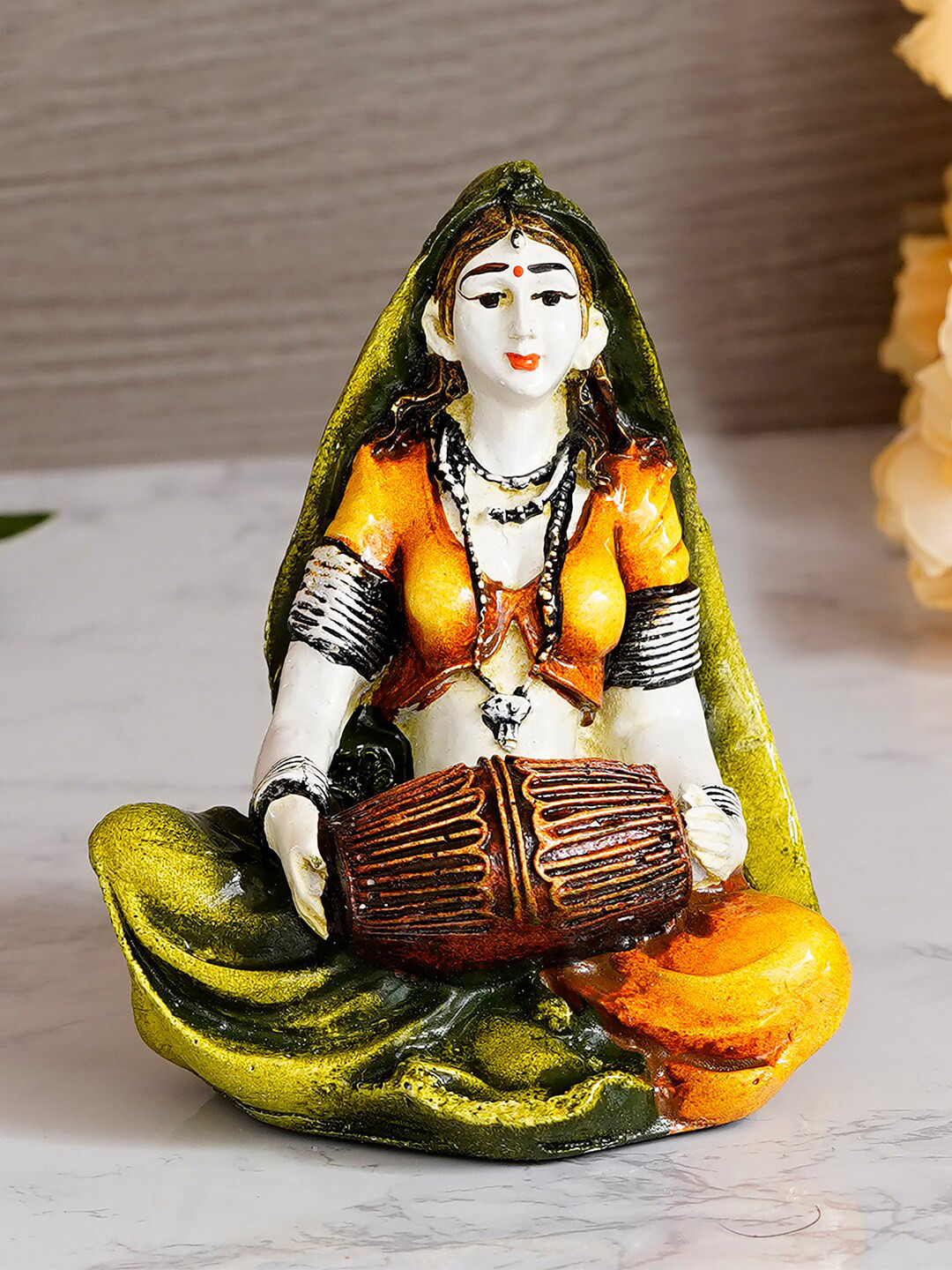 eCraftIndia Rajasthani Lady Playing Dholak Green Polyresin Natural Living Room Hand-Crafted Small Showpiece - 4.3 Inches