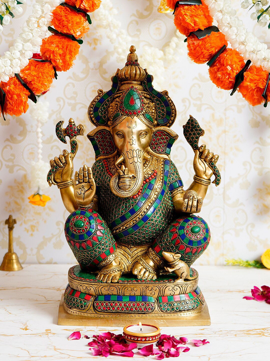 eCraftIndia Lord Ganesha Gold Brass Metallic Prayer Room Hand-Crafted Medium Showpiece - 15.7 Inches
