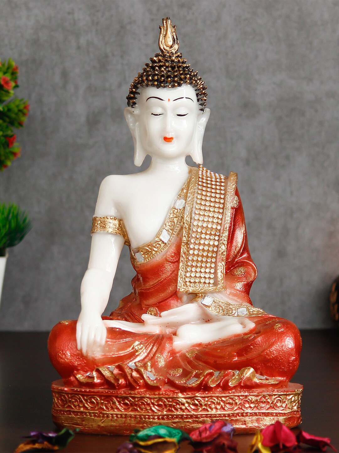 eCraftIndia White & Red Meditating Lord Buddha Decorative Showpiece
