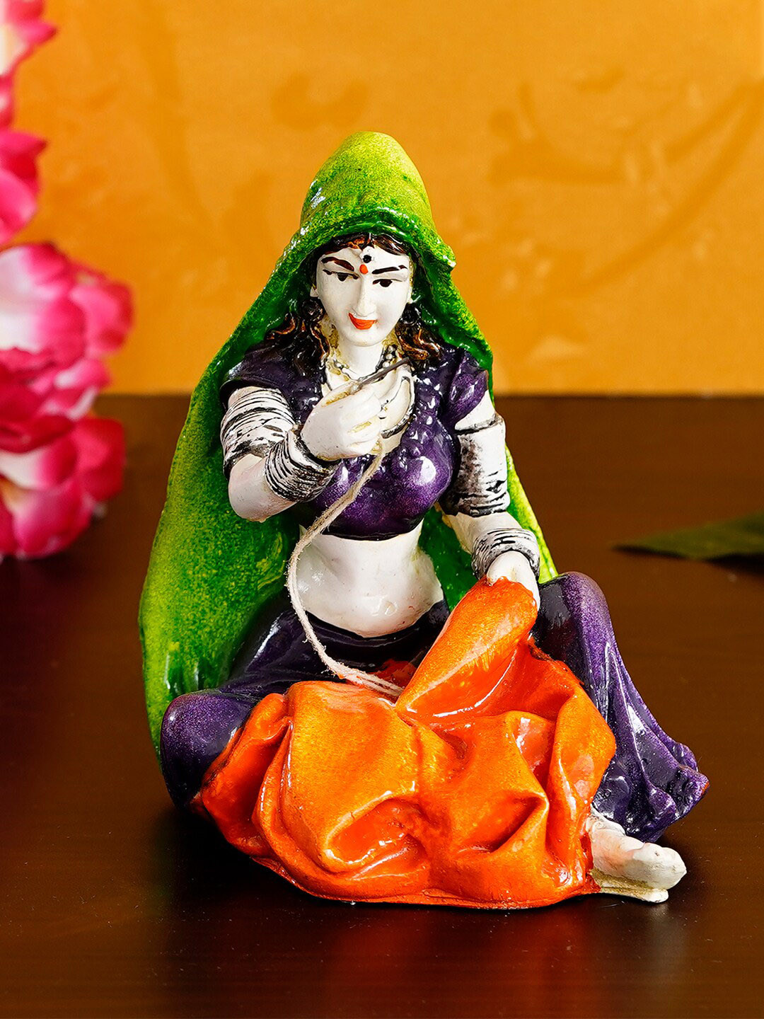 eCraftIndia Rajasthani Lady Stitching Clothes Green Polyresin Matte Living Room Hand-Crafted Medium Showpiece - 5.5 Inches