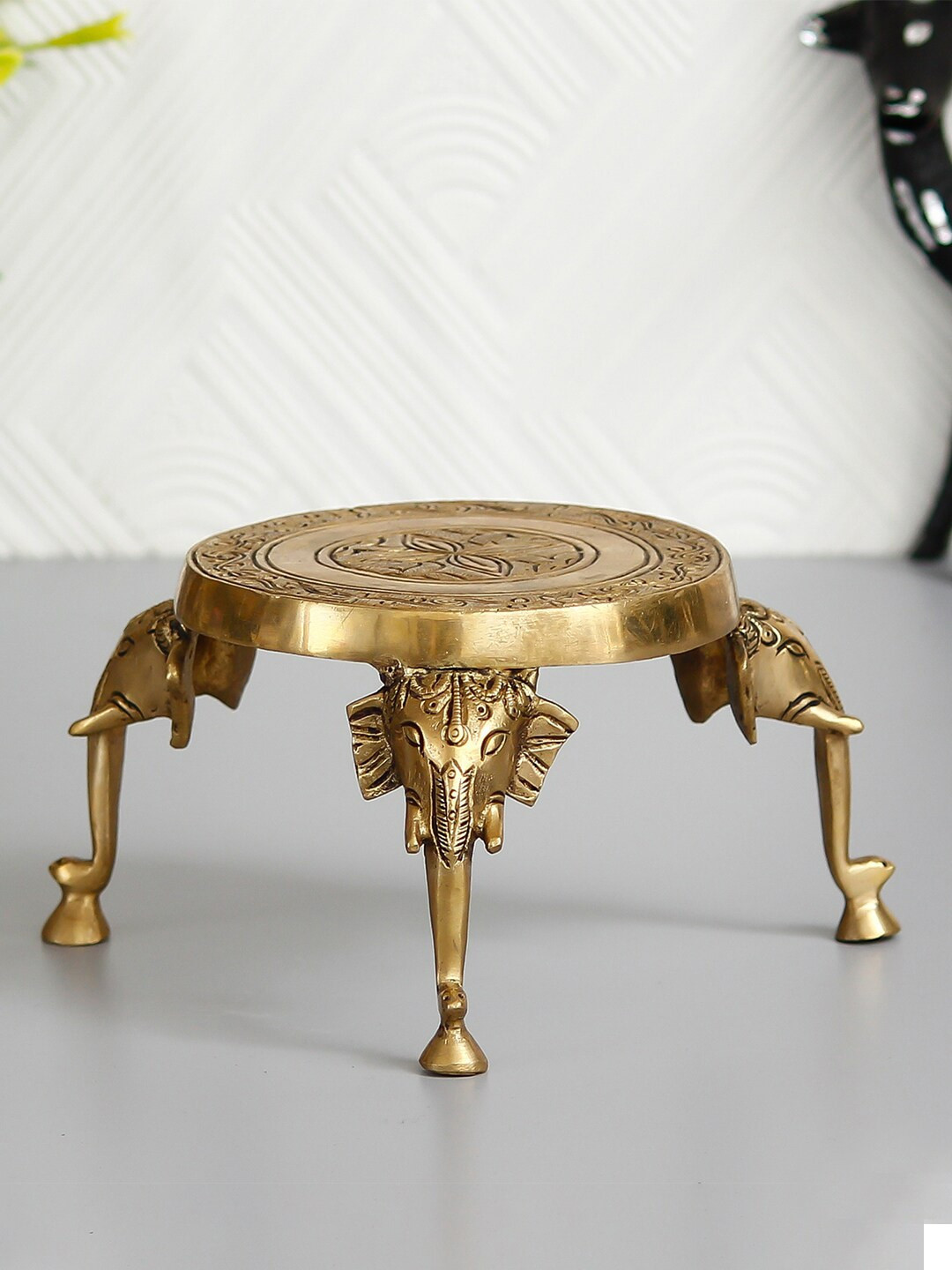 eCraftIndia Stool with Elephant Legs Gold Brass Metallic Living Room Medium Showpiece - 3.5 Inches