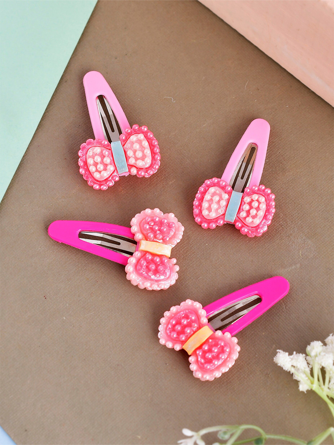 Silvermerc Designs Girls Pink & Yellow Set of 4 Bow Embellished Tic Tac Hair Clips