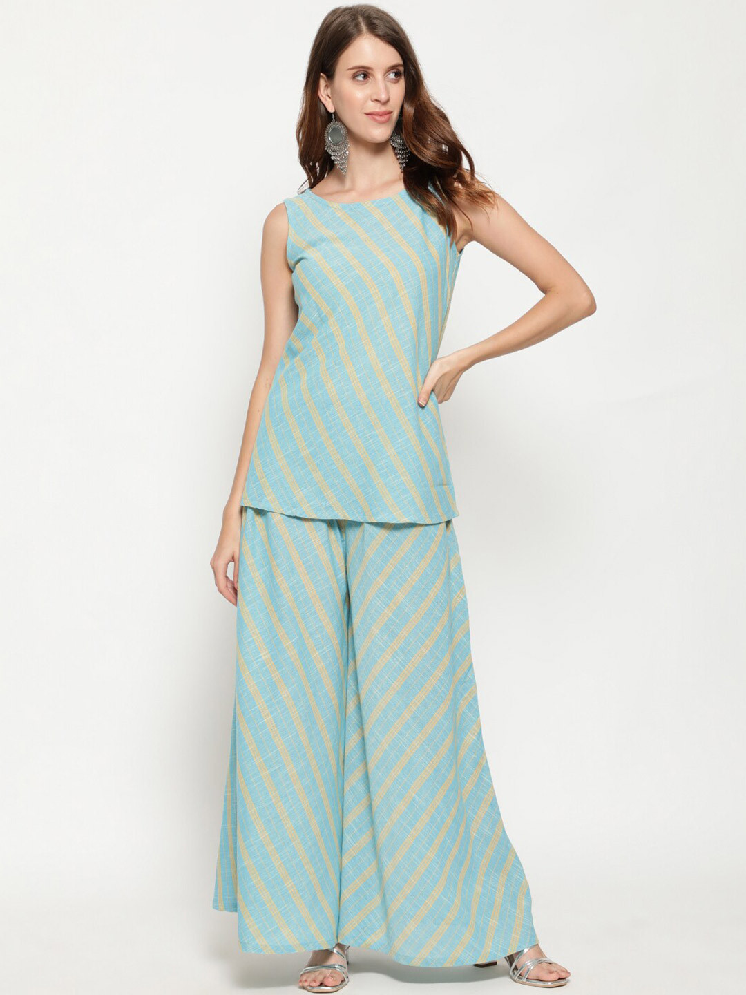 antaran Women Blue & Yellow Striped Pure Cotton Top With Palazzos