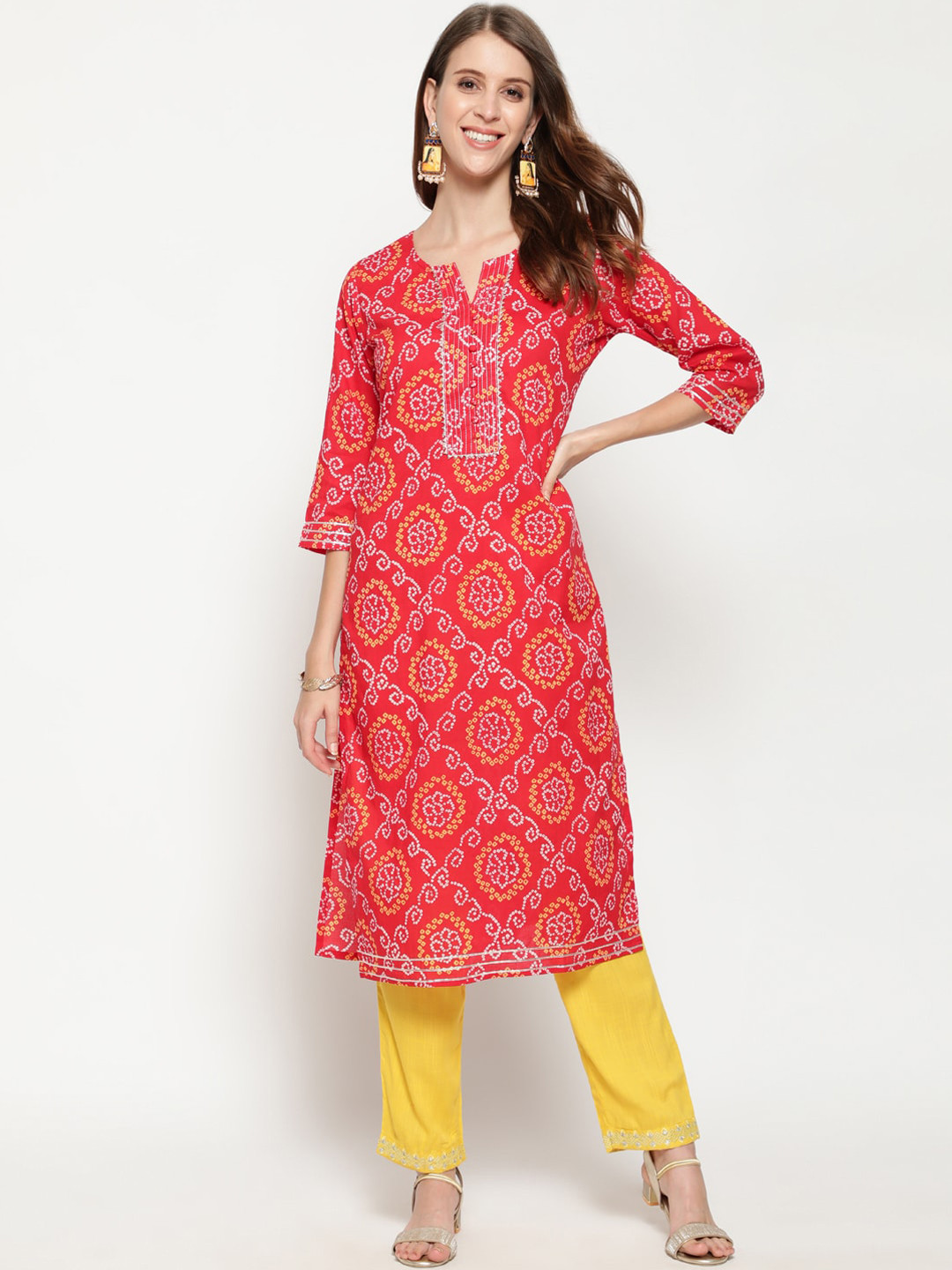 antaran Women Red & White Ethnic Motifs Printed Gotta Patti Kurta