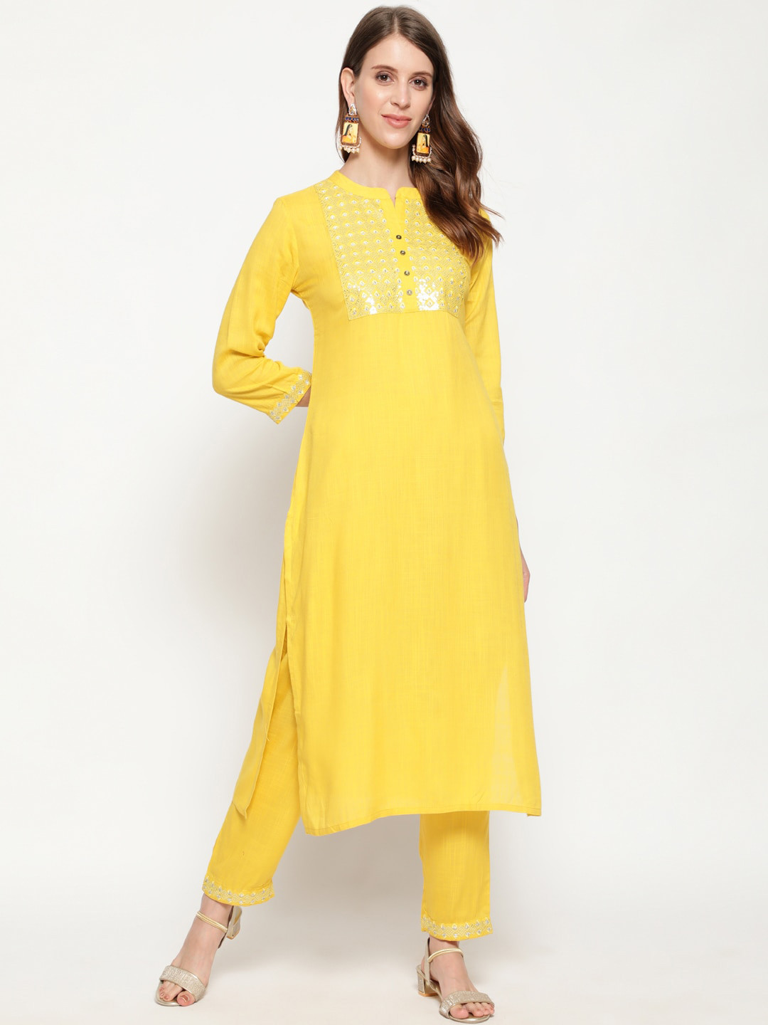 antaran Women Yellow Floral Yoke Design High Slit Kurti with Trousers