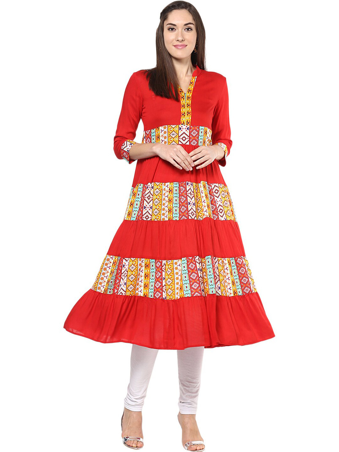 StyleStone Women Red & Blue Geometric Printed Pure Cotton Anarkali Kurta