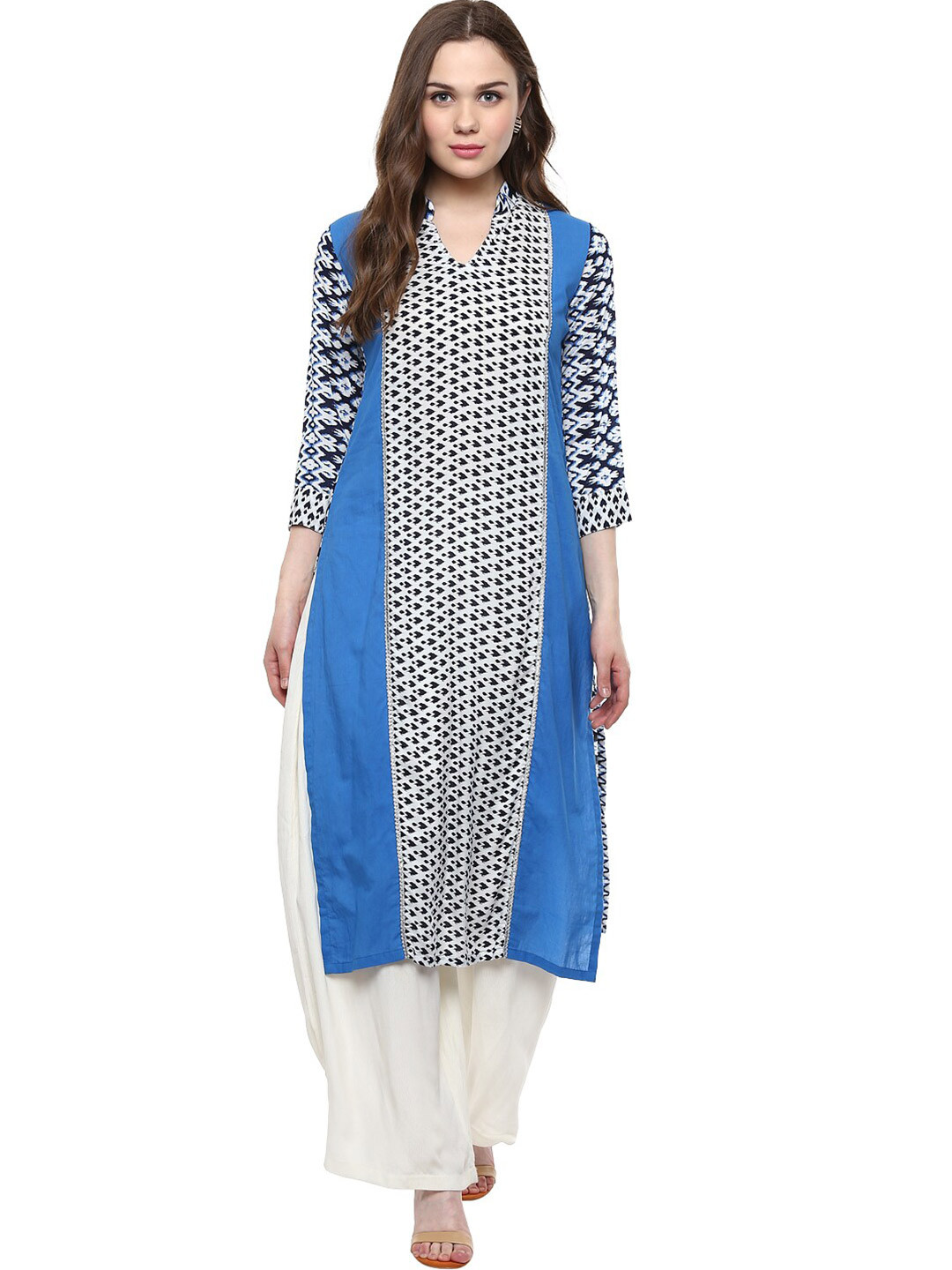 StyleStone Women Blue & White Geometric Printed Pure Cotton Stright Kurta