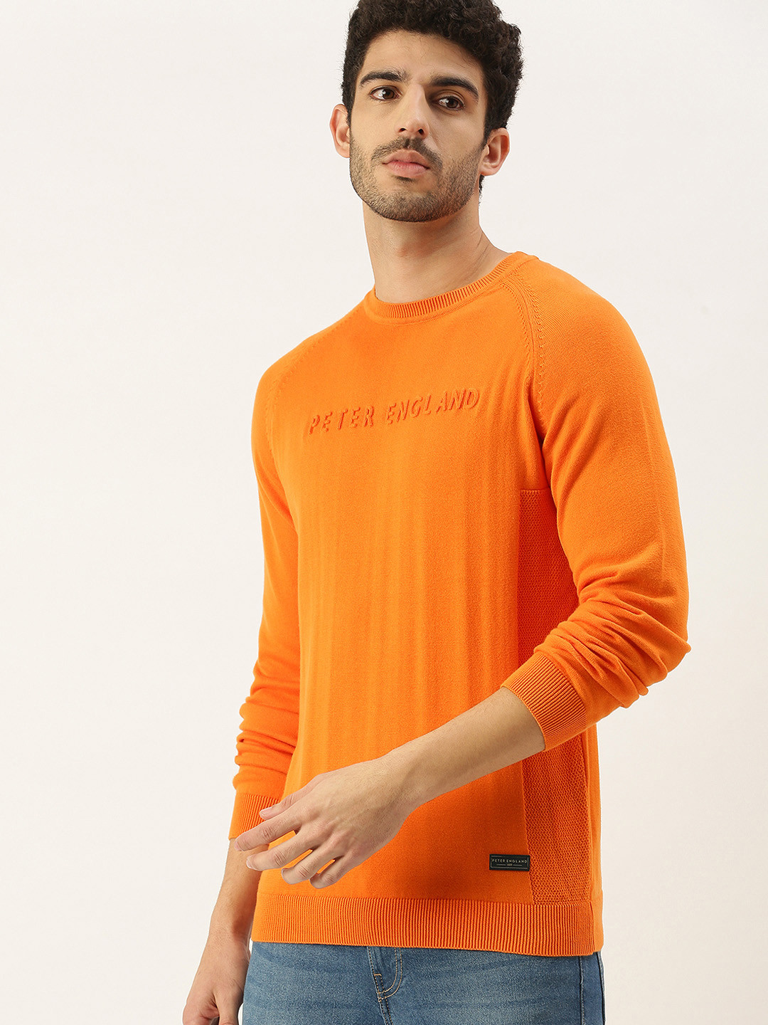 Peter England Men Orange Typography Embossed Pullover Sweater